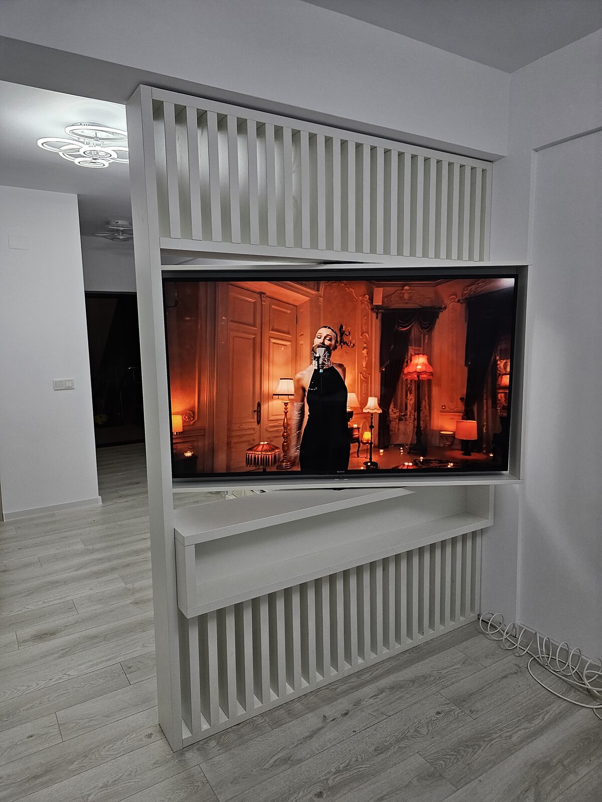 Living minimalist cu perete TV